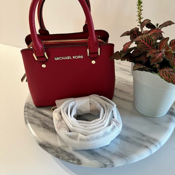 NWT Michael Kors Mini Red Scarlet Savannah Saffiano LeatherTop Double Handle Bag - Picture 13 of 16